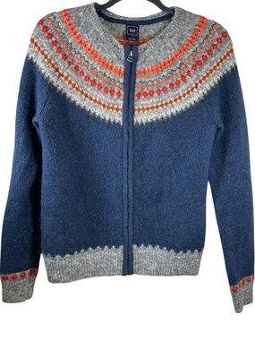 Gap Nordic Full Zip Cardigan Sweater Small Blue Fair Isle Soft Wool Mohair Blend